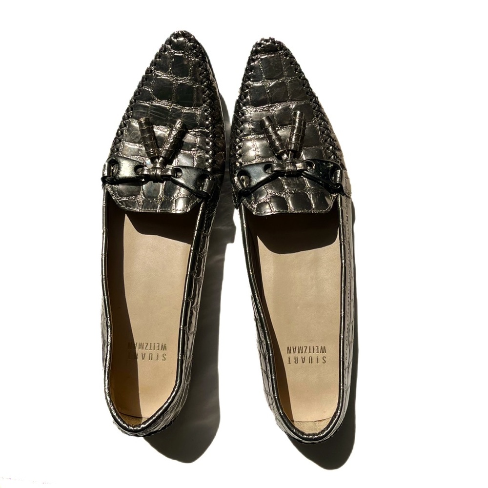Stuart Weitzman crocodile embossed gunmetal pointed loafers